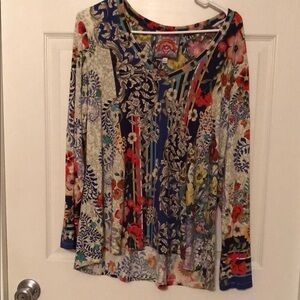 Johnny Was Blue and Red Graphic Long Sleeve Blouse